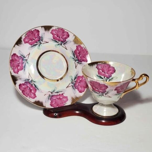 Pink Flowers Teacup and Saucer Opalescent Vintage - Picture 4 of 8